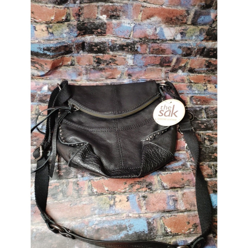 The SAK Handbag Silverlake Black Leather Fold Hobo Shoulder Bag Stud Fringe